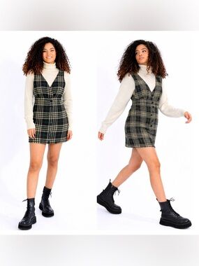 Lili Sidonio Women Plaid Pinafore Jumper Mini Dress Sz M Tweed Preppy Academia